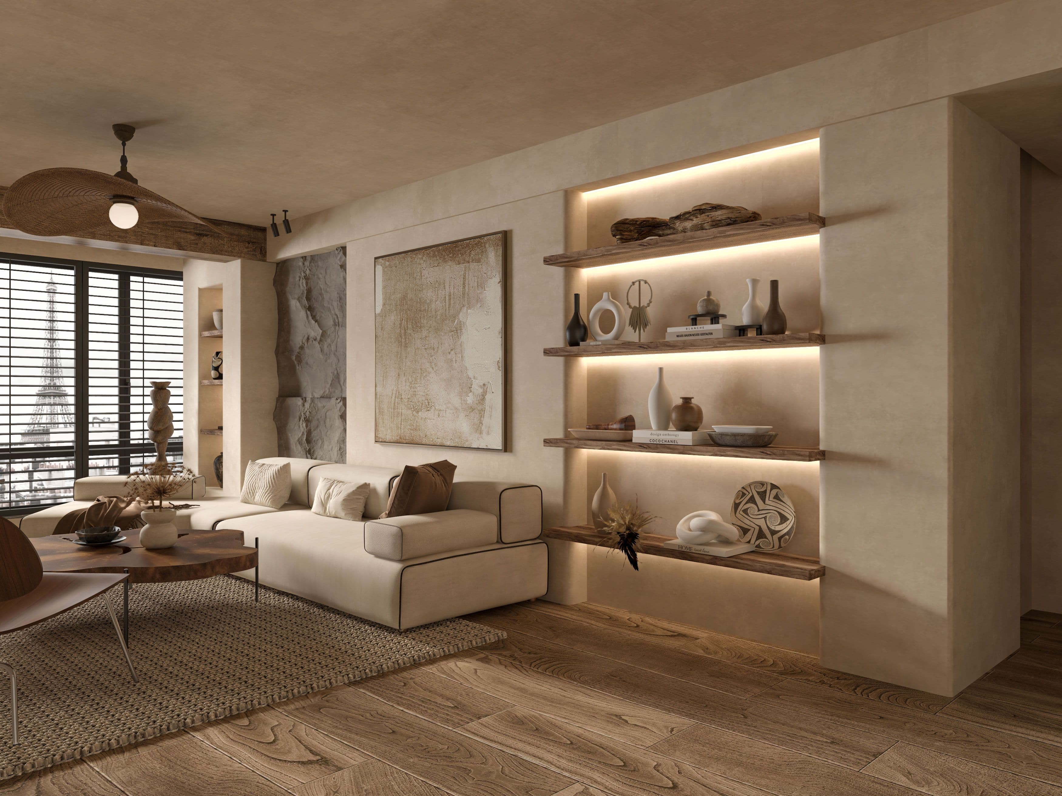 Warm contemporary living room with custom illuminated shelving and natural finishes